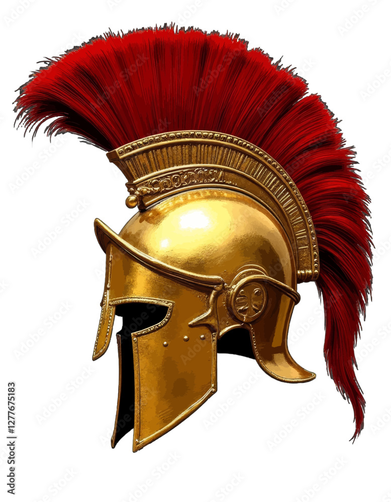Golden Spartan helmet with red plume isolated