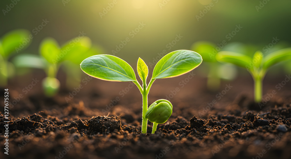 Fototapeta premium Green Seedling Growing in Soil with Sunlight