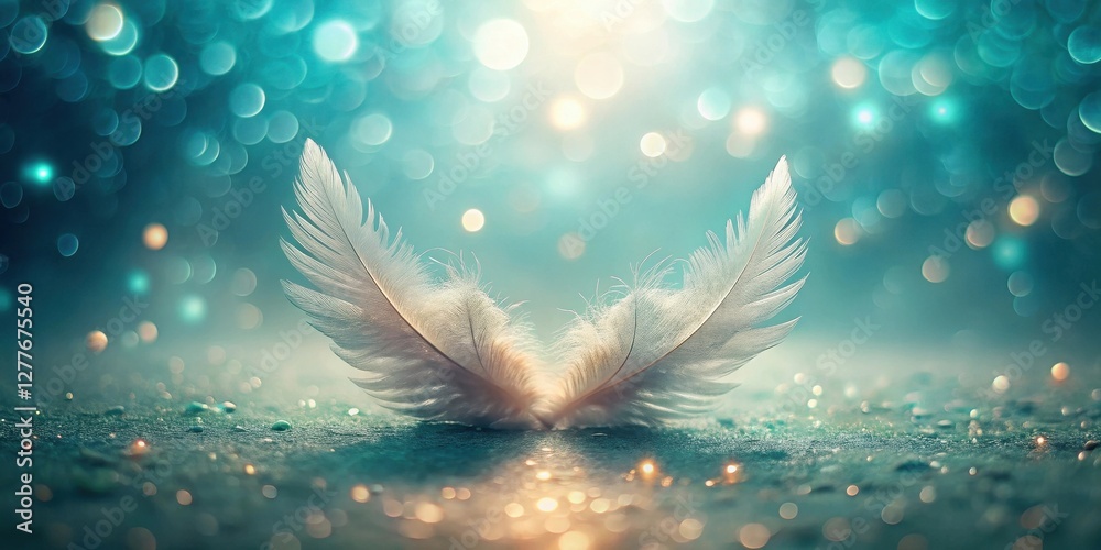Fototapeta premium Two Delicate White Feathers Resting on Sparkling Surface, Illuminated by Soft Light and Enveloped in a Dreamlike, Teal Bokeh Background