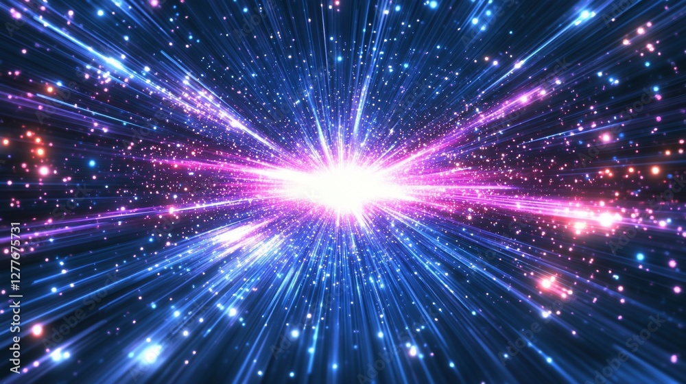 Naklejka premium Abstract cosmic burst with a bright central light and radiating rays of purple and blue