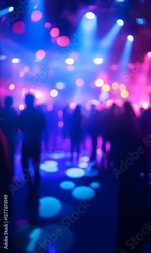 Energetic party atmosphere with vibrant lights and silhouettes of people enjoying music
