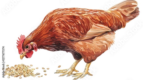 Watercolor Painting of a Rhode Island Red Hen Pecking at Grain