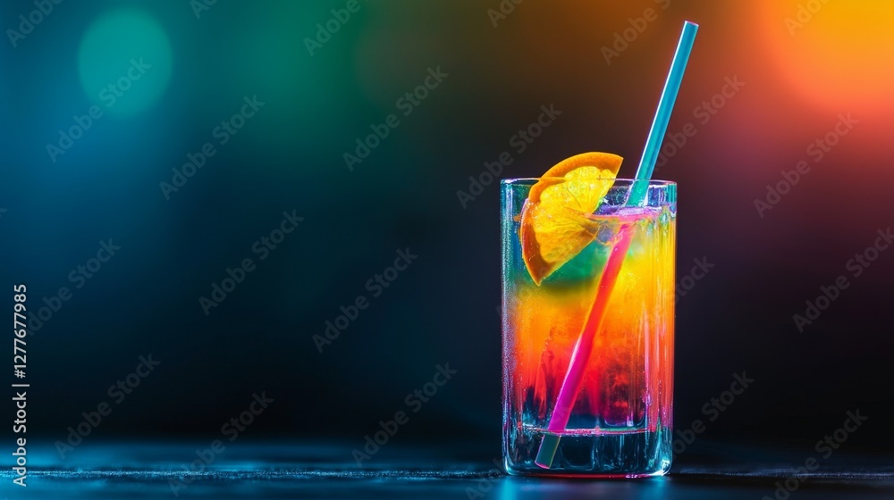 Psychedelic style mocktail with swirling colors and a bright neon straw, glowing garnish, vivid pop art aesthetic Psychedelic style mocktail with swirling colors and a bright neon straw, glowing garnish, vivid pop art aesthetic