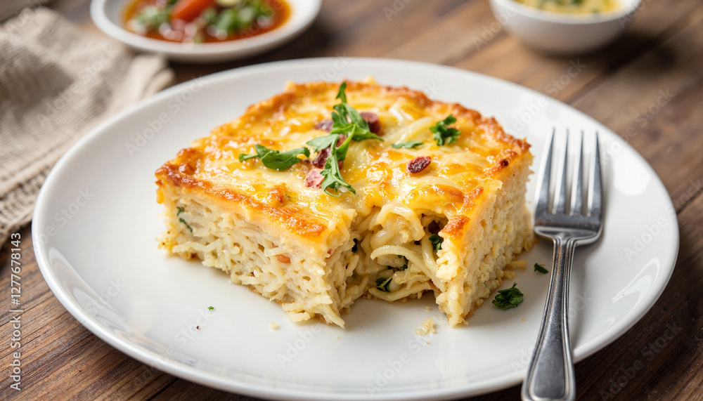 Delicious baked spaghetti with cheese on rustic wooden table Delicious baked spaghetti with cheese on rustic wooden table