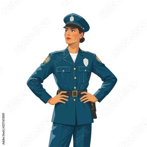 Confident Woman in Blue Police Uniform Stands Alertly