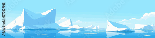 Cartoon Arctic Landscape with Icebergs and Reflections