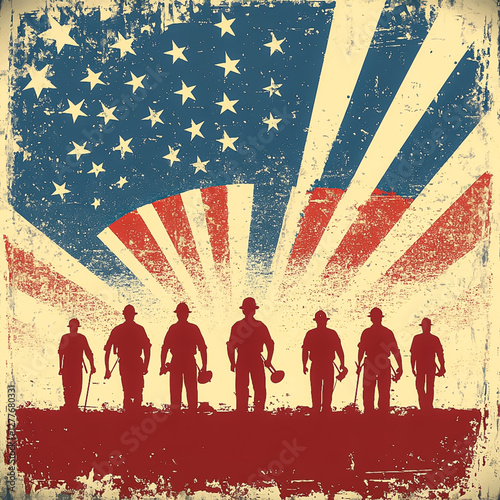 Diverse Workers Silhouette Against Distressed Flag Background, depicting national pride and labor solidarity. Using