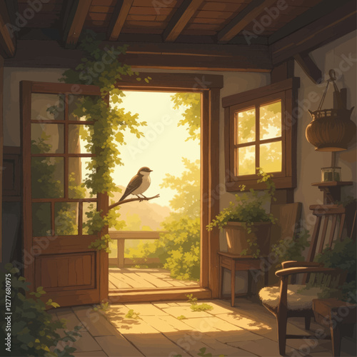 Bird perched on a branch in a sunlit doorway overlooking nature