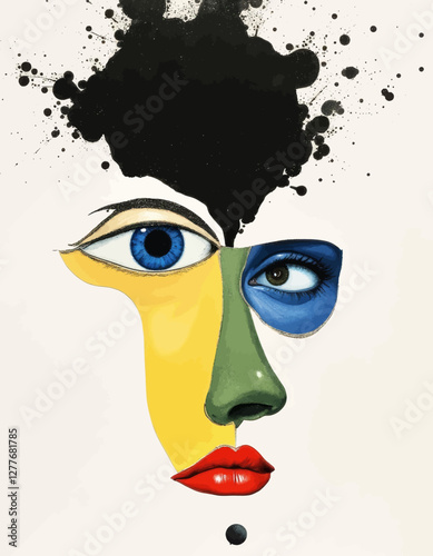 Abstract face art with vibrant colors and ink blot