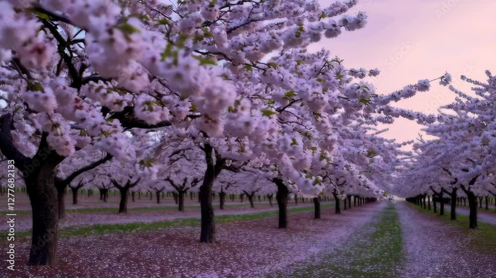 Serene Cherry Blossom Pathway in Full Bloom at Dusk with Soft Pink Petals Lining the Ground Serene Cherry Blossom Pathway in Full Bloom at Dusk with Soft Pink Petals Lining the Ground