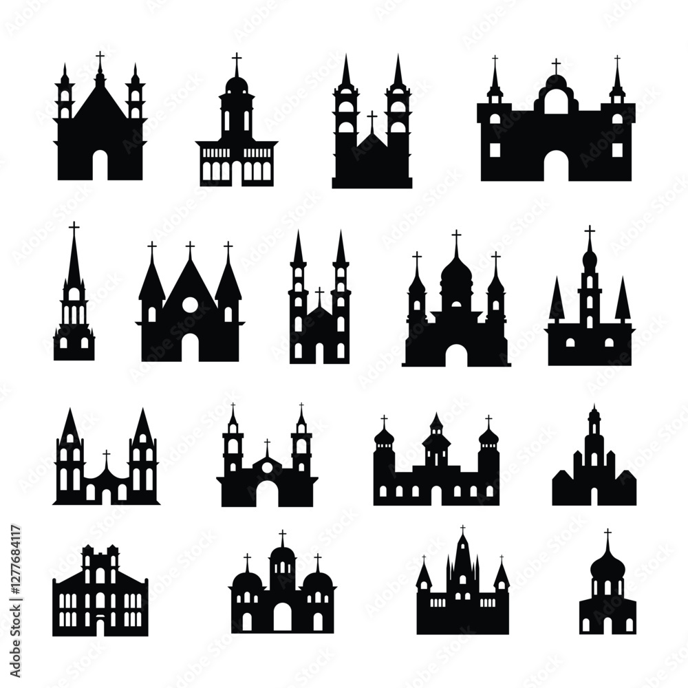 Fototapeta premium Vector Hand Drawn Cathedral Silhouette Illustrations Set. Classic Religious Architecture.