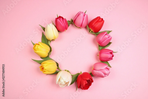 Pink background wreath made of various colored tulips circular
