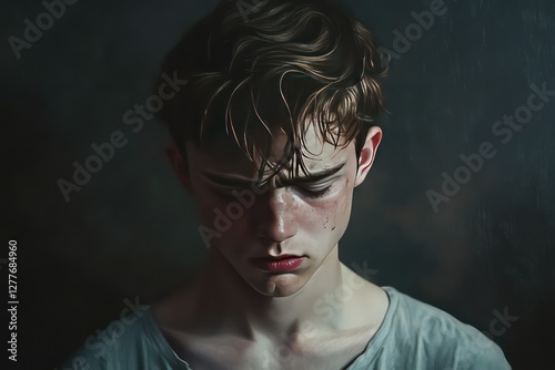 A high-detail emotional portrait of a young male experiencing anxiety, his posture slouched in exhaustion. photo