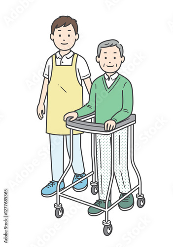 歩行器の高齢男性と介助ををする若い男性のイラスト