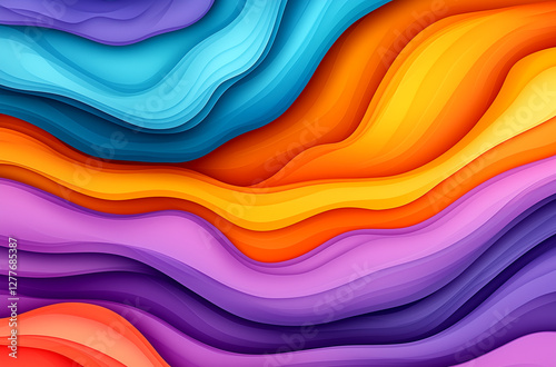 Vibrant abstract background with colorful paper cut-out shapes. Curving lines and waves create a dynamic design. Colorful gradient background with intricate paper cut-out elements.