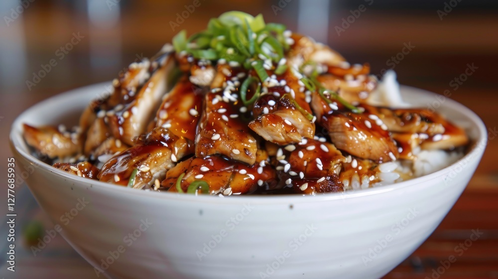 A flavorful teriyaki chicken rice bowl, topped with sesame seeds and spring onions, A flavorful teriyaki chicken rice bowl, topped with sesame seeds and spring onions,