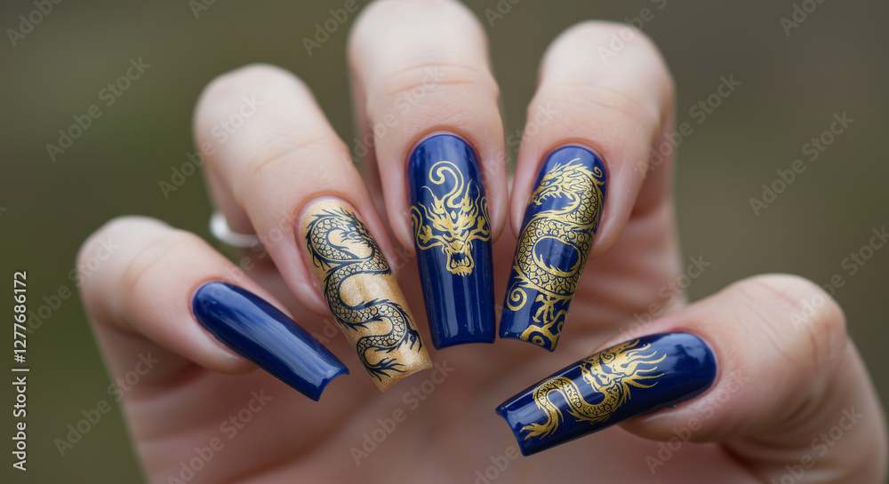 Obraz premium Hand displaying long square shaped fingernails with ornate dragon art