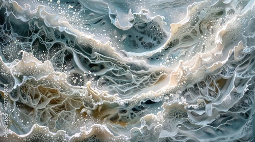 A frothy sea foam and waves, captured in intricate detail as they roll onto the shore, photo