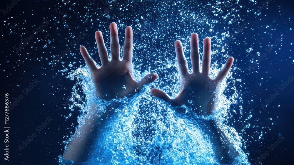 Dramatic image of hands emerging from water, symbolizing struggle and control Dramatic image of hands emerging from water, symbolizing struggle and control