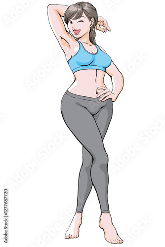 セクシーなポーズを決めるスポーツウェアの若い女性_全身_ウィンク.eps