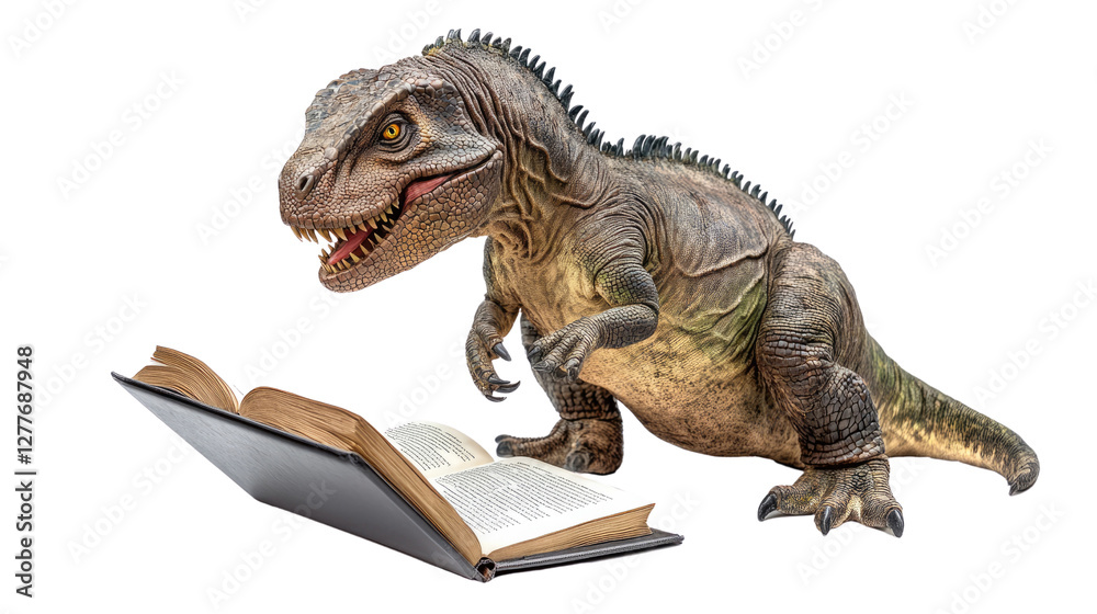 Obraz premium Dinosaur's Literary Pursuit: A realistic depiction of a dinosaur engrossed in reading a book, blending prehistoric fascination with intellectual curiosity.