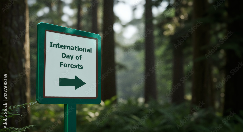 Fototapeta premium A sleek green metal arrow sign celebrating International Forest Day, set against a vibrant green forest backdrop. Perfect for environmental campaigns, eco-tourism, and nature conservation projects.