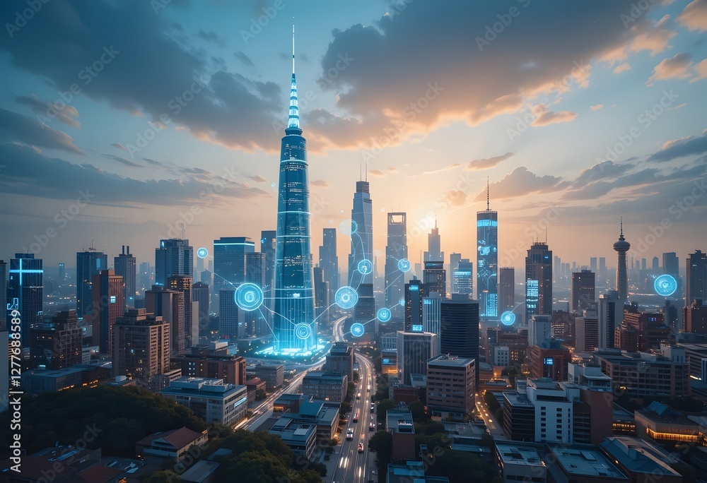 Naklejka premium High-tech city skyline infused with augmented reality interfaces, 5G connectivity, and self-learning algorithms, showcasing technological evolution. 
