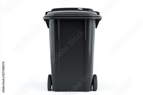 Black Wheeled Waste Bin on White Background - A front view of a black plastic wheelie bin isolated on a white background. Ideal for waste management, recycling, and cleanliness concepts