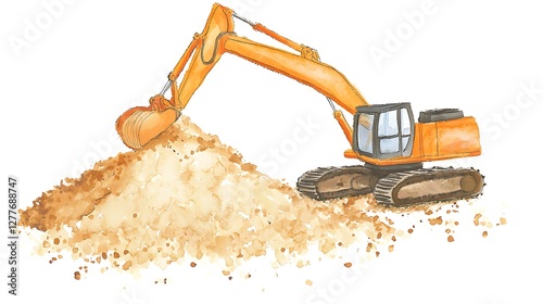 Watercolor Illustration of an Orange Excavator Digging Sand.