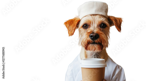 Dog Barista: A charming Yorkshire Terrier, dressed as a barista, holds a takeaway coffee cup, offering a delightful and whimsical take on the coffee culture.