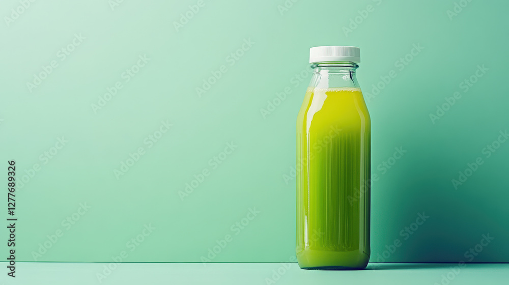 Fresh green vegetable juice in clear bottle against mint background, showcasing health and vitality. Perfect for nutritious lifestyle
