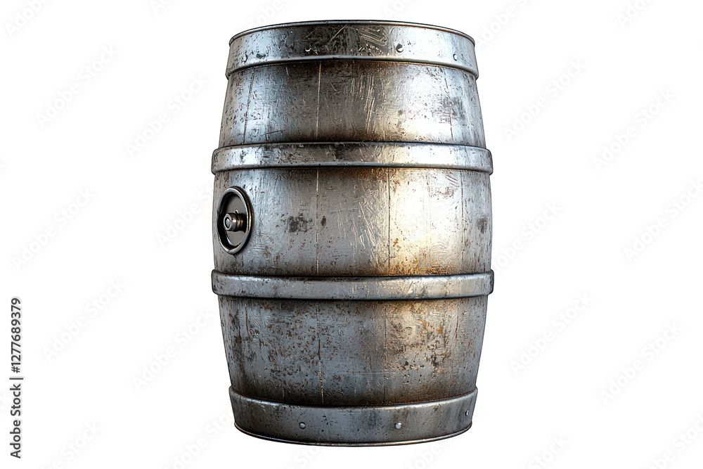 Fototapeta premium A weathered metal barrel, commonly used for storage or aging liquids like wine or spirits.