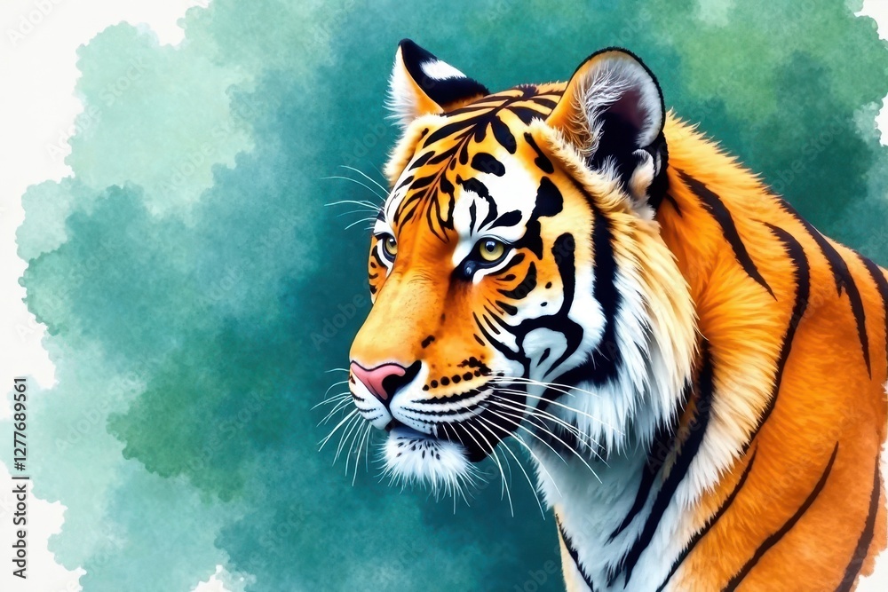 Fototapeta premium Majestic Tiger Portrait Against Teal Watercolor Background A Captivating Study in Orange and Black Stripes