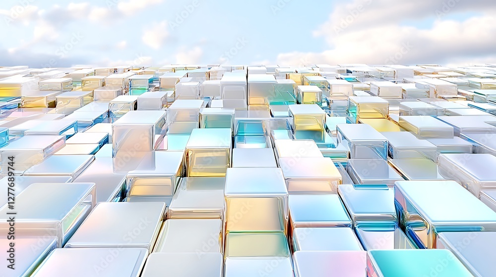Fototapeta premium Iridescent Cubes Abstract Background 3D Shiny Pastel Blocks under Sky