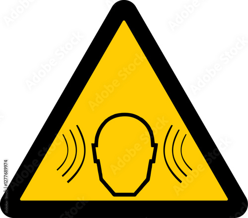 triangular warning sign,  human head, sound waves, noise hazard.