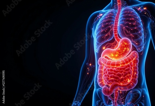 Detailed 3D illustration of the human digestive system, highlighting the intestines, stomach, and esophagus against a dark background. Copy space