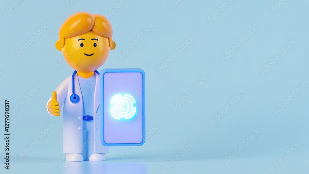 health info with medical privacy concept. Toy doctor figure holding a digital device against a soft blue background. health info with medical privacy concept. Toy doctor figure holding a digital device against a soft blue background.