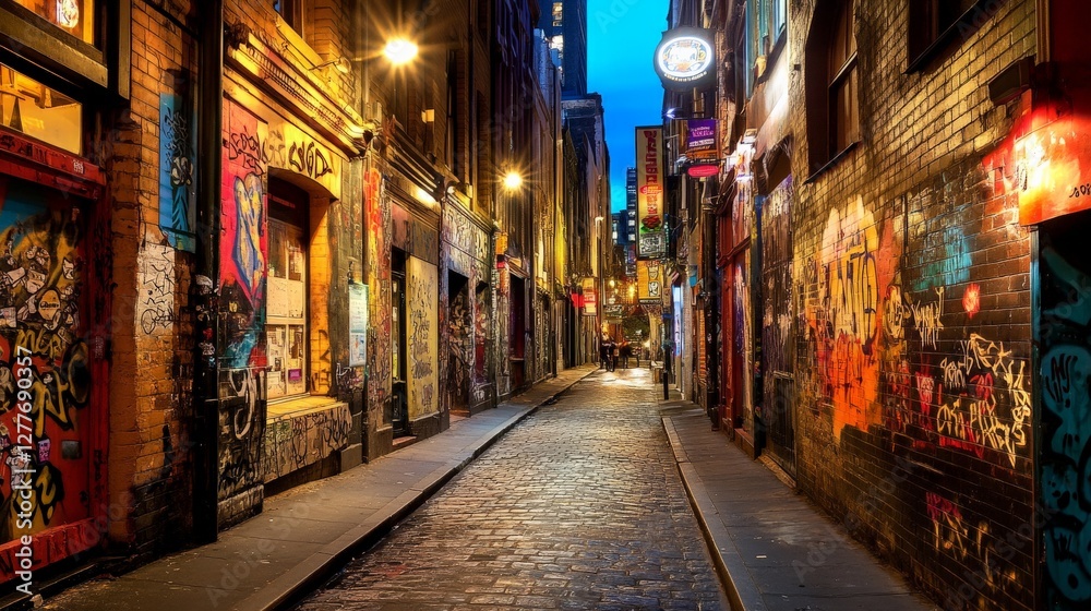 Fototapeta premium Illuminated Urban Street Art Under Twilight Sky
