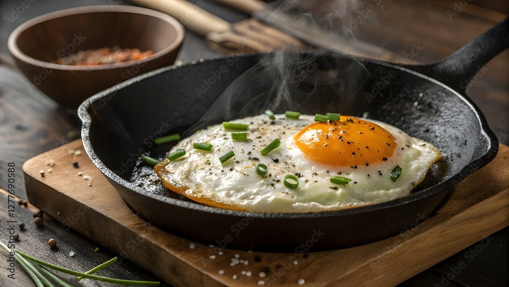 Perfectly Cooked Sunny-Side-Up Fried Egg in Cast Iron Skillet Perfectly Cooked Sunny-Side-Up Fried Egg in Cast Iron Skillet