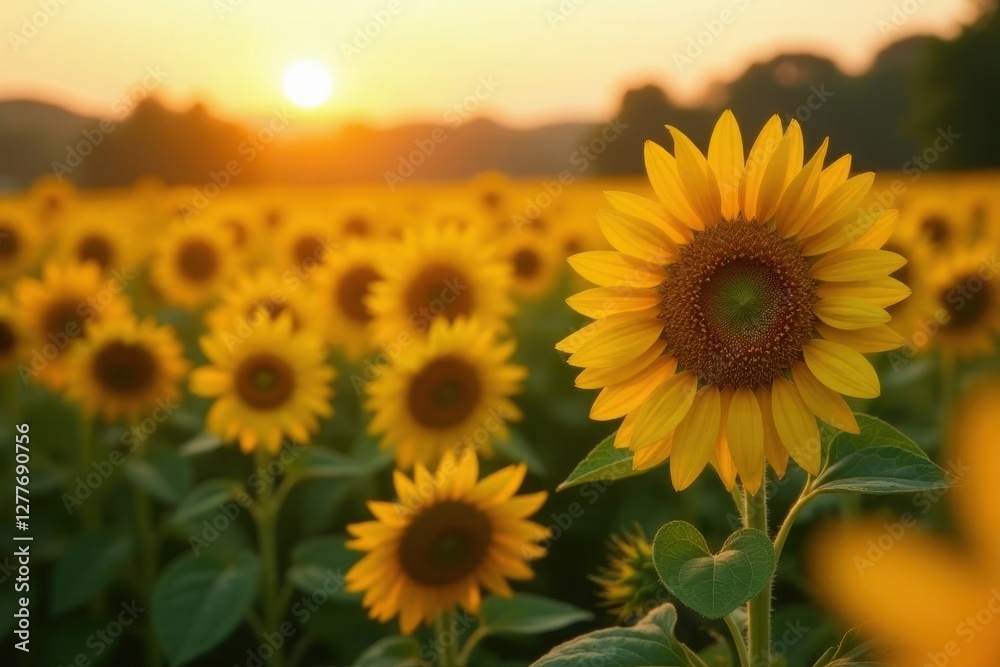 Fototapeta premium Golden Sunflowers Basking in the Warm Glow of a Sunset, a Vibrant Field of Yellow Petals