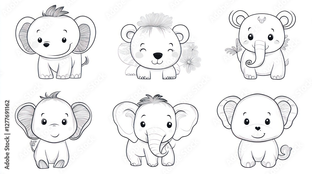 Cute cartoon animals, stylized illustrations of elephants and a bear, outlined in black and white, in a grid pattern. Cute cartoon animals, stylized illustrations of elephants and a bear, outlined in black and white, in a grid pattern.