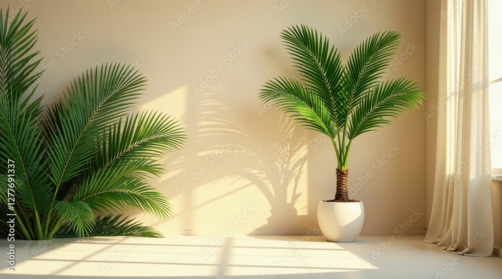 Fototapeta premium Serene Interior Design Featuring Lush Tropical Foliage Basking in Soft Sunlight Through Sheer Drapes