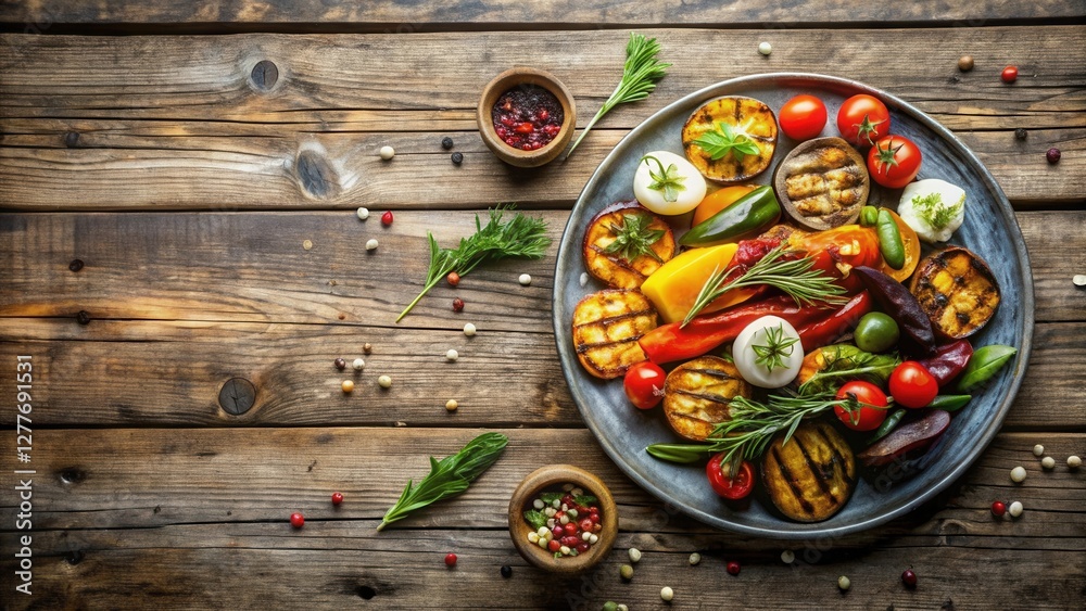 A Rustic Presentation of Grilled Vegetables and Herbs on a Wooden Table