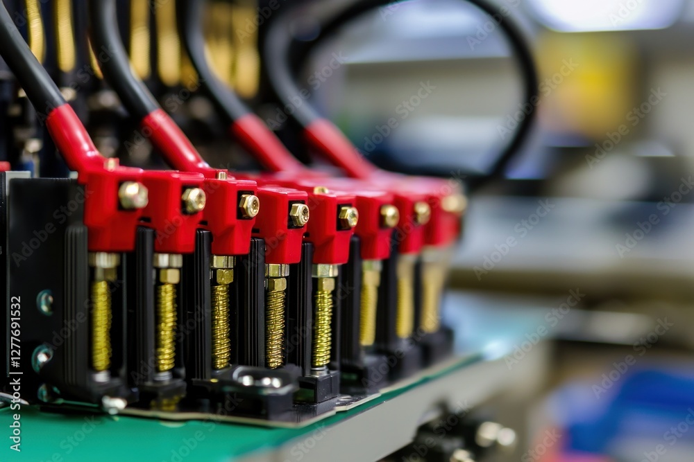 Electronic circuit board with red connectors and gold springs in a modern technology equipment assembly detail Electronic circuit board with red connectors and gold springs in a modern technology equipment assembly detail
