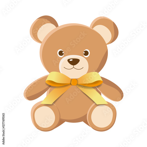 Cartoon Teddy Bear with 3D Bow Isolated on White Background. Icon Bear Plush Toy in Flat Style. Brown Animal with Paper Cut Ribbon. Vector Illustration Suitable for Kids Birthday, Invitation, Banner.