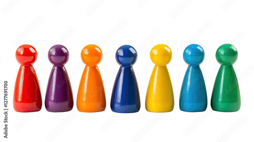 Vibrant Game Pieces: An eye-level studio shot of a row of multicolored game pieces, each radiating a unique hue and a captivating allure. Vibrant Game Pieces: An eye-level studio shot of a row of multicolored game pieces, each radiating a unique hue and a captivating allure.