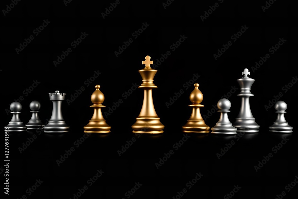 Chess Pieces on Black Background: Gold & Silver King, Bishop, Rook & Pawns. Strategy, Game, Competition, Luxury, Contrast, Royalty. Chess Pieces on Black Background: Gold & Silver King, Bishop, Rook & Pawns. Strategy, Game, Competition, Luxury, Contrast, Royalty.