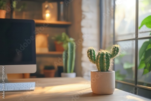 A home office or study corner with a small Notocactus magnificus adding a touch of greenery to the desk space. photo