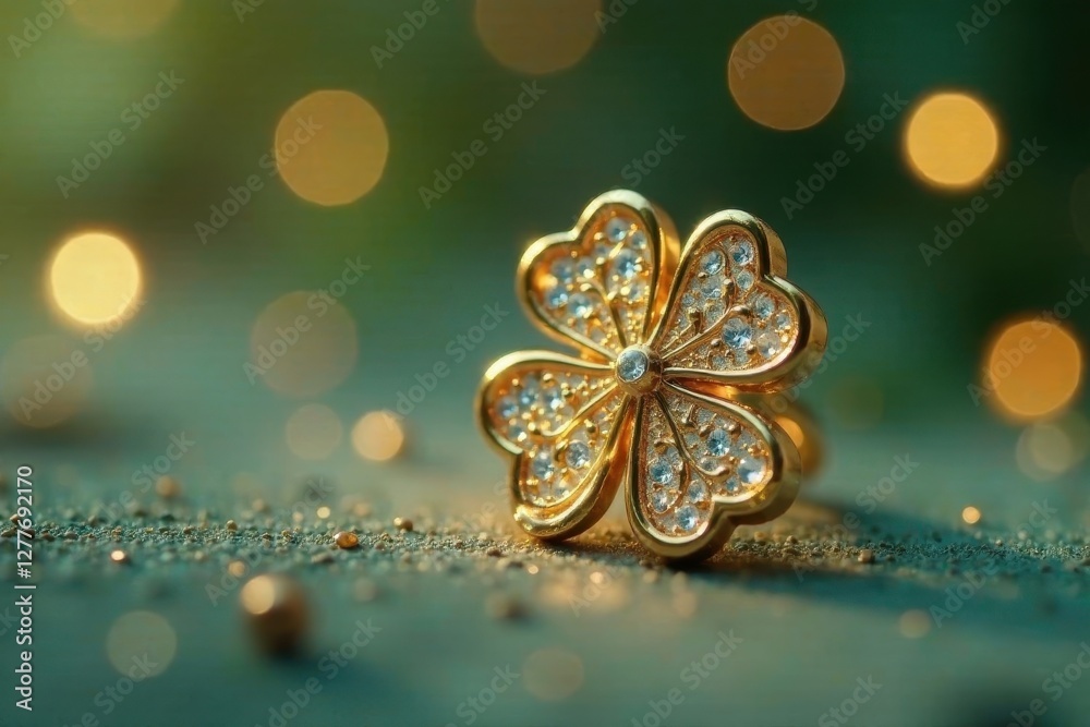 Fototapeta premium Golden Four-Leaf Clover Adorned with Sparkling Gems Rests on a Glittering Surface