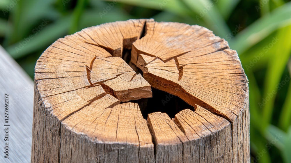 Close up of weathered tree stump with cracks and texture in sunlight against blurred green foliage background evokes natural rustic charm Close up of weathered tree stump with cracks and texture in sunlight against blurred green foliage background evokes natural rustic charm
